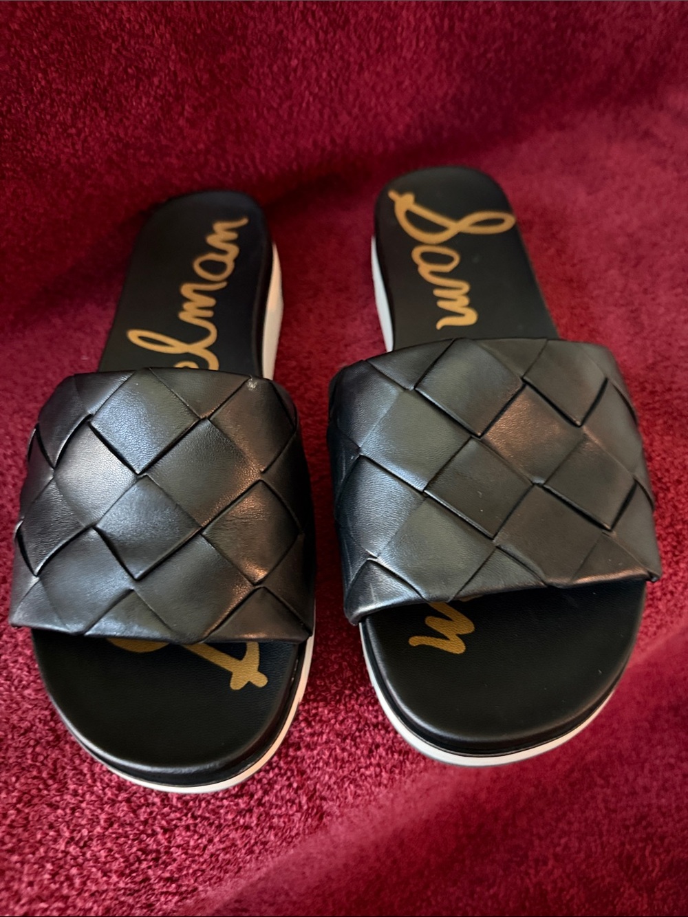 Sam Edelman Black Woven Slide Sandals with White Trim